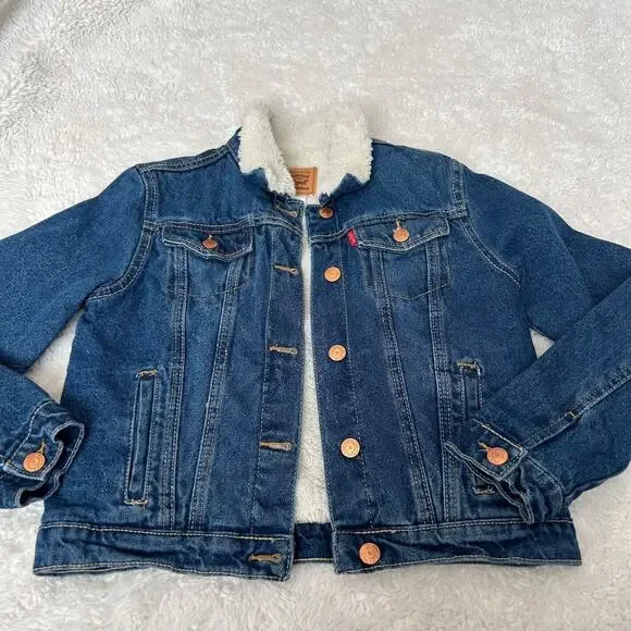Levi's Kids Faux Sherpa Lined Denim Jacket Sz L 12 Cotton Casual Preppy School - Picture 1 of 5